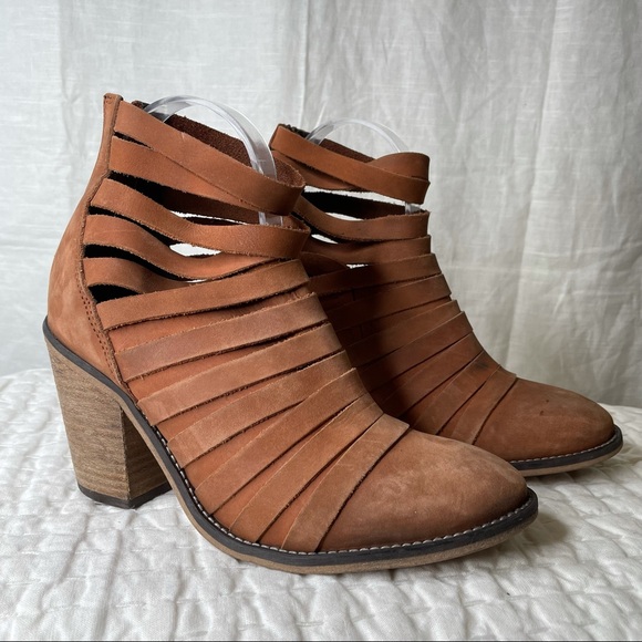 Free People Strappy Hybrid Stacked Heel Boot Brown Leather 38 Brown Zip Strap - Picture 3 of 15